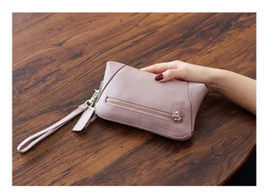 Women genuine leather clutch wallet shell shape wristlet long purse for daily use