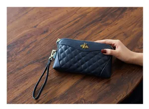 Women Quilted Leather Clutch Wallet Dark Blue Bee Metal Charm Wristlet Long Handbag Purse
