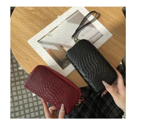 Echtleder Clutch Geldbörse mit Kroko-Muster, große Kapazität dreilagige Handtasche für Damen.
