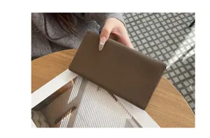 Women's genuine leather long wallet clutch, premium top layer cowhide material, elegant design.
