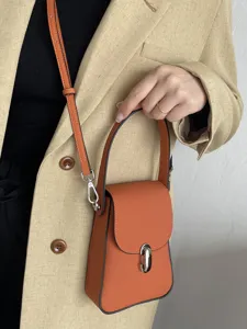 Leather mini phone bag women crossbody top handle bag stylish orange cowhide purse daily use