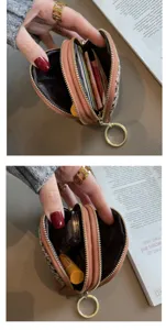 Women tweed fabric coin purse double zipper short wallet card holder key pouch chic
