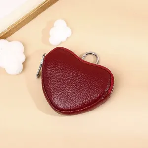 Red cowhide heart coin purse mini cute wallet for women zipper headphone storage bag