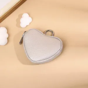 Grey heart leather coin purse, mini minimalist wallet with metal zipper for daily use.