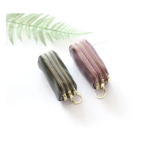 Mini Echtleder Münzgeldbeutel mit drei Reißverschlüssen und Schlüsselring, kompaktes Etui.