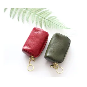 Kleine Echtleder-Münztasche mit Metall-Schlüsselring, kompakte Reißverschluss-Schlüsseltasche.