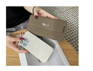 Women genuine leather long wallet luxury designer casual clutch bag stylish phone purse taupe