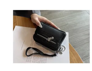 Women genuine leather mini coin purse black double zipper clutch wrist bag small wallet