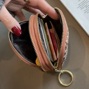 Women's double zipper short coin purse with card slots and metal key ring, fabric wallet.