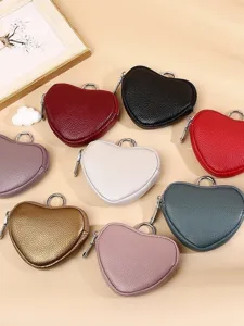Genuine Cowhide Leather Heart Shaped Coin Purse Mini Minimalist Earphone Storage Bag Cute Pendant Wallet For Women