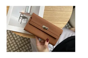 Detailed view of the genuine leather long wallet, showcasing fine texture and exquisite metal lock.