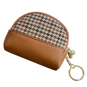 Women Houndstooth PU Leather Coin Purse Mini Half Moon Wallet with Key Ring Chain Brown
