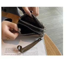 Women mini genuine leather coin purse interior detail double zipper wristlet wallet