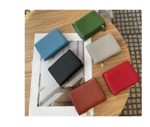 Japanese short genuine leather women trifold mini wallet large capacity coin purse