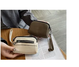 Women mini genuine leather coin purse double zipper wristlet wallet small handbag daily use.