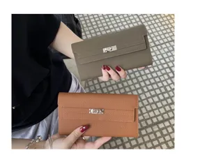 Genuine leather long wallet for women, classic turn-lock design, stylish clutch phone bag.