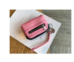 Women mini genuine leather coin purse with double zipper and wrist strap, compact zipper wallet.
