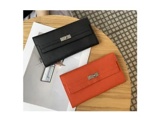 Genuine leather long wallet set, elegant pebbled texture with metal lock, classy style.