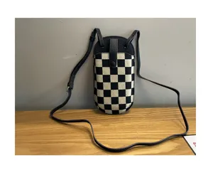 Mini telefoon schoudertas voor dames zwart wit geruit canvas en leer modieus