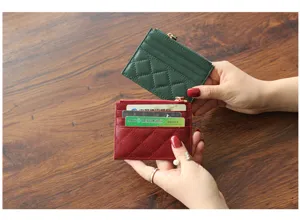 Soft lambskin quilted leather card holder wallet with zipper and slots for women daily use.