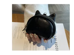 Black leather coin purse with cute cat ears design, mini zipper wallet for women daily use.