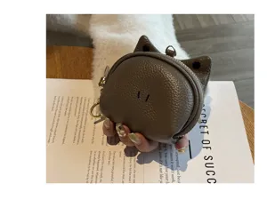 Genuine leather cute cat coin purse, compact mini wallet with zipper and keychain for women.