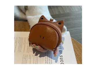 Genuine leather cute cat coin purse mini portable fashion pocket wallet for women brown