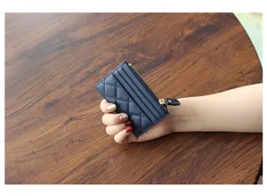Dark blue quilted leather card holder minimalist coin purse slim zipper wallet chic style
