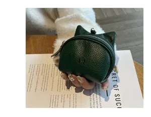 Genuine leather cute cat ear coin purse for women, compact portable dark green wallet pouch.