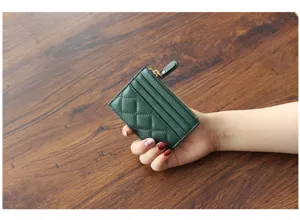 Dark green quilted leather card holder, mini zipper coin purse for women, slim minimalist wallet.