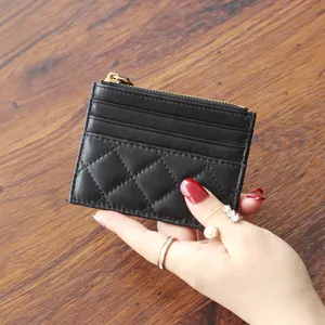Genuine Leather Quilted Short Wallet Women Mini Coin Purse Ultra Thin Zipper Card Holder Fashion Street Trend