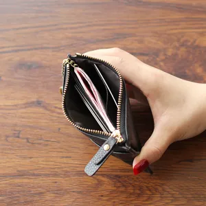Black leather zipper coin purse minimalist card holder daily compact wallet chic accessory for women