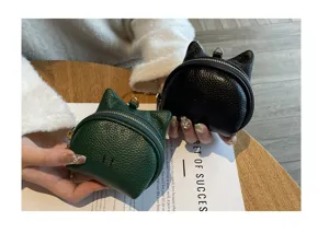 Cute cat ear leather coin purse mini wallet for women, stylish genuine cowhide change bag.
