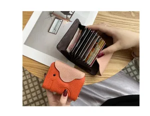 Genuine leather card holder cute elephant design multi card slot accordion wallet for women.