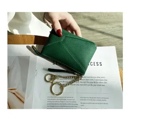 Green leather coin purse detail, soft cowhide zipper wallet with keychain for women.