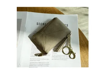 Genuine leather coin purse with key ring, soft cowhide small wallet with zipper and chain.