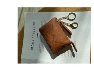 Brown genuine leather coin purse with key ring zipper wallet for women compact design wallet