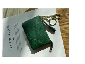 Green genuine leather coin purse for women, soft cowhide zipper key bag with metal chain.