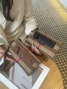 Гυναίκες Тsάντα Xeριού Каnvas Splicing Cowhide Checkered Phone Bag Casual Zipper Wrist Strap Daily Handbag