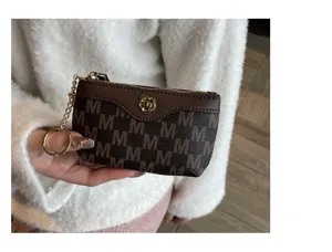 Women mini coin purse retro letter print short wallet cute zipper key pouch card holder