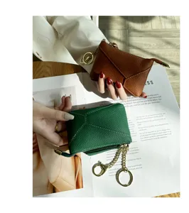 Genuine leather coin purse and key pouch set in brown and green, soft cowhide zipper wallet.