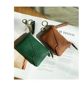 Genuine leather coin purse and key pouch, soft cowhide zipper envelope wallet for women.