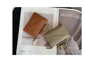 High-end genuine leather coin purse for women, soft cowhide zipper wallet with key chain.