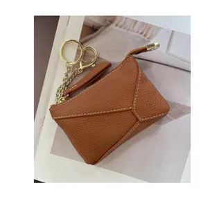 Brown genuine leather coin purse with key ring zipper wallet small key bag card holder