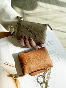 Genuine Leather Coin Purse For Women Small Wallet Zipper Card Holder Change Pouch With Keychain Daily Casual Wallet