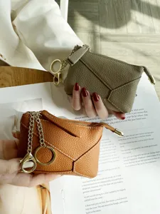 Genuine leather coin purse small key pouch with metal chain and geometric design stylish.