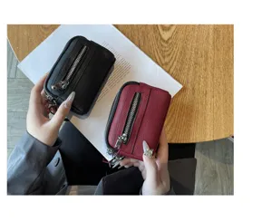 Genuine leather mini coin purse for women, double zipper multifunction wallet handbag.