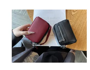 Mini genuine leather double zipper coin purse clutch handbag, portable wristlet wallet red black.