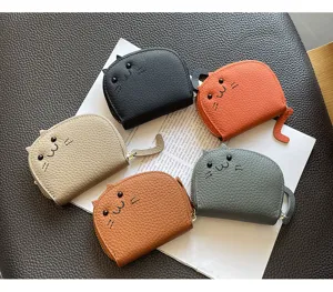 Cute cat shaped leather coin purse and card holder set, compact mini wallet for women.