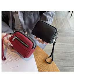 Women mini leather double zipper coin purse wrist wallet clutch small change bag daily use